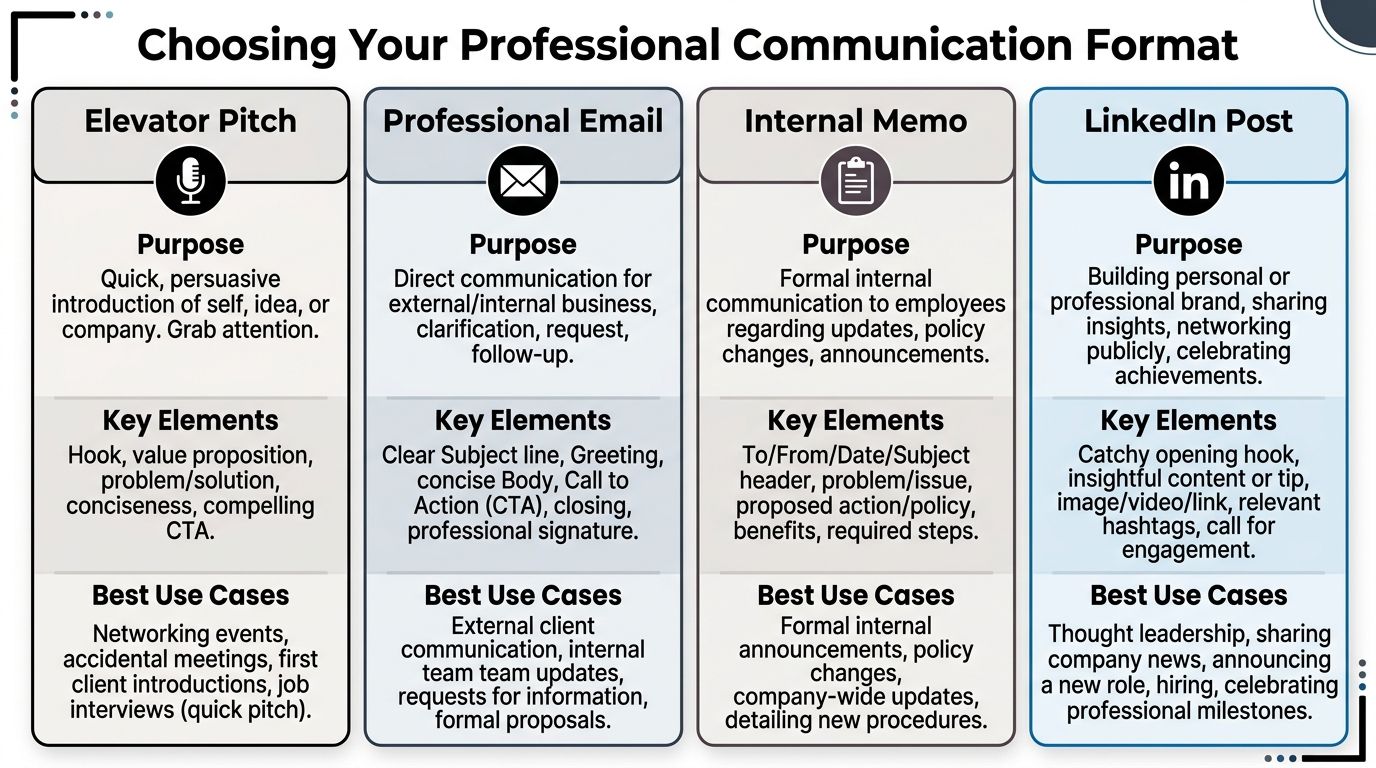A chart outlining four professional communication formats: elevator pitch, email, internal memo, and LinkedIn posts.