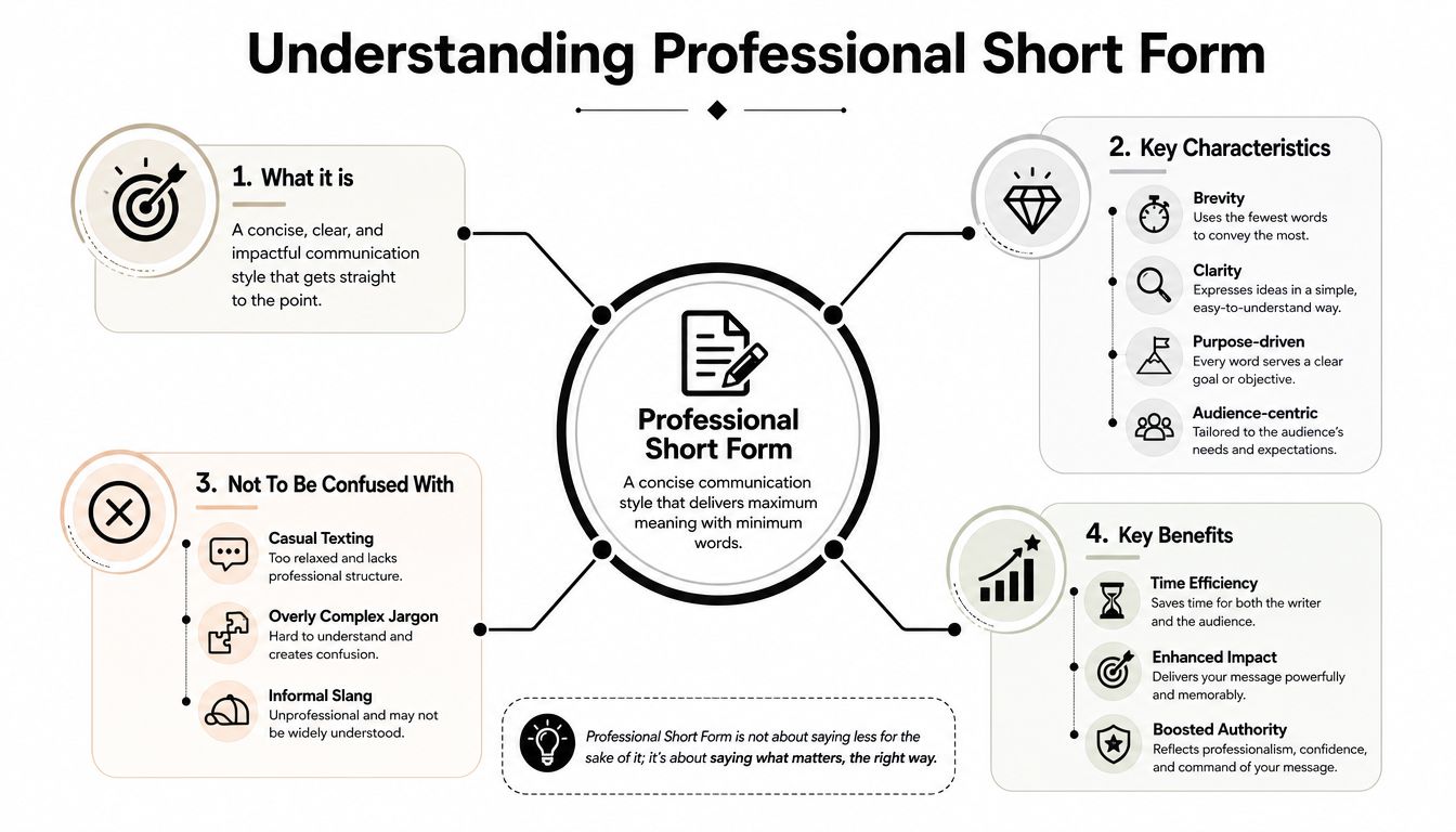 A professional infographic titled Understanding Professional Short Form, explaining key characteristics, benefits, and common misconceptions.