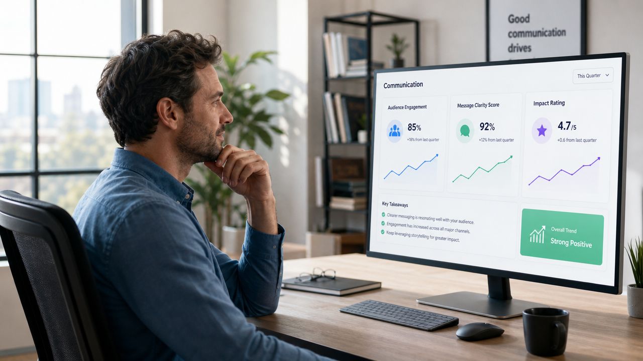 A professional man reviewing communication performance metrics on a computer monitor in a modern home office.