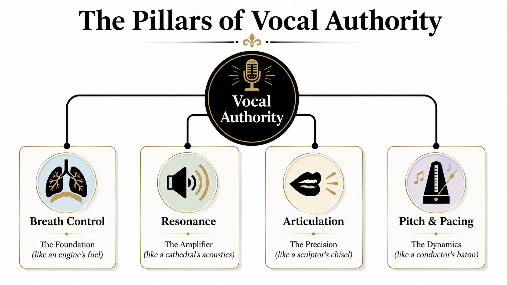 An infographic titled The Pillars of Vocal Authority explaining Breath Control, Resonance, Articulation, and Pitch and Pacing.