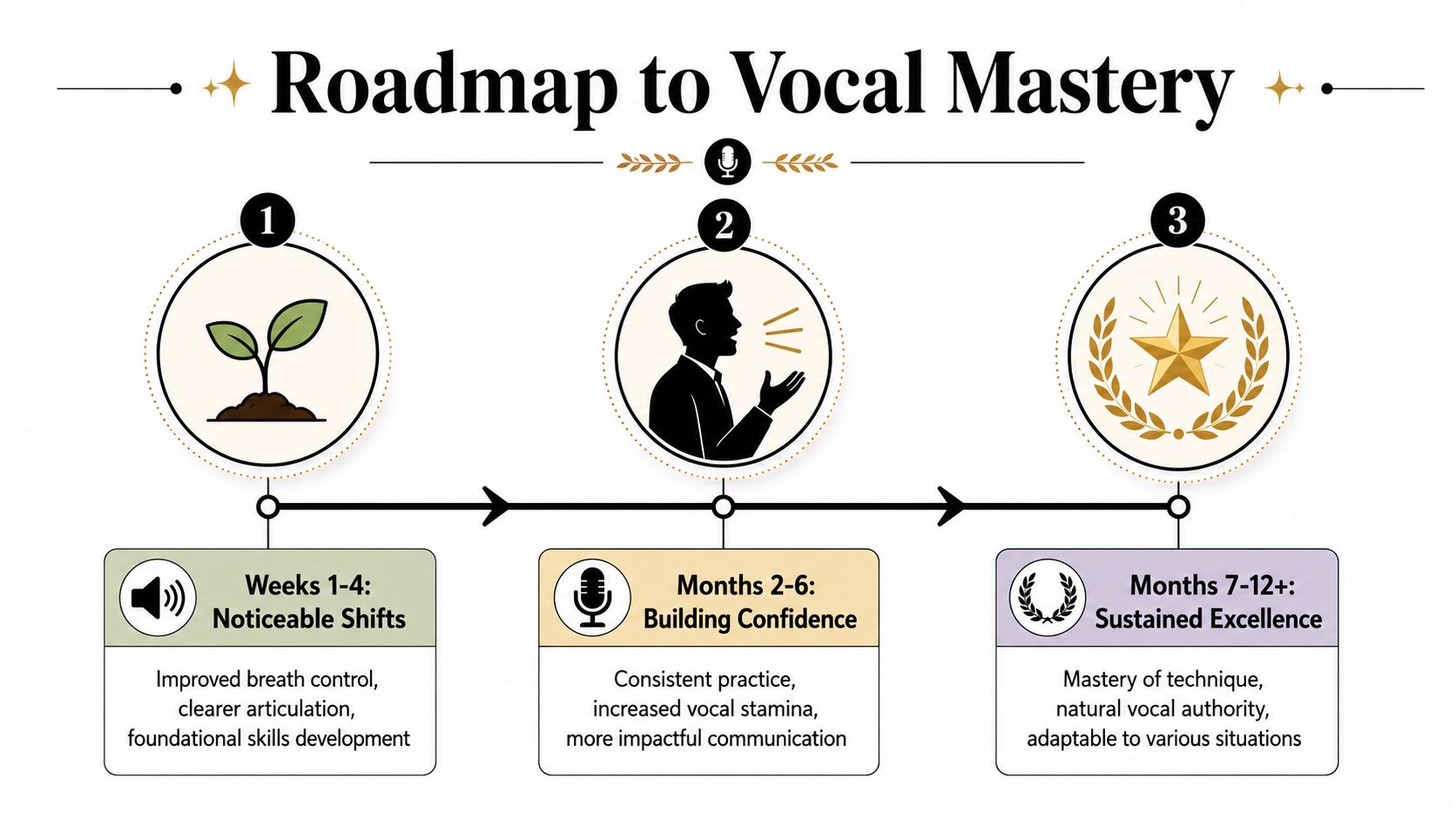 A roadmap diagram showing three stages of vocal mastery from development through confidence to long-term excellence.