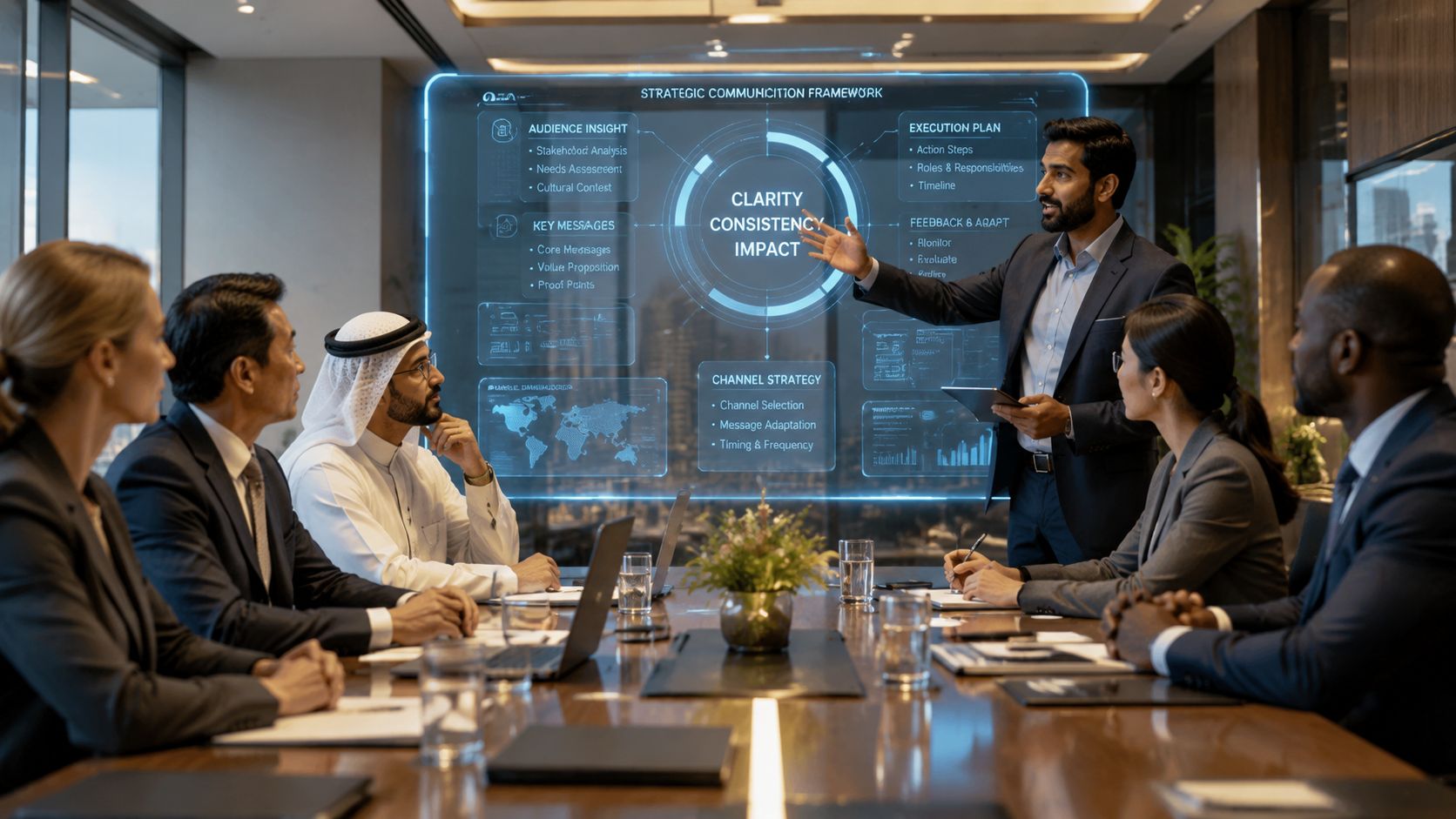 A professional business team meeting with a man presenting a holographic strategic communication framework in a boardroom.
