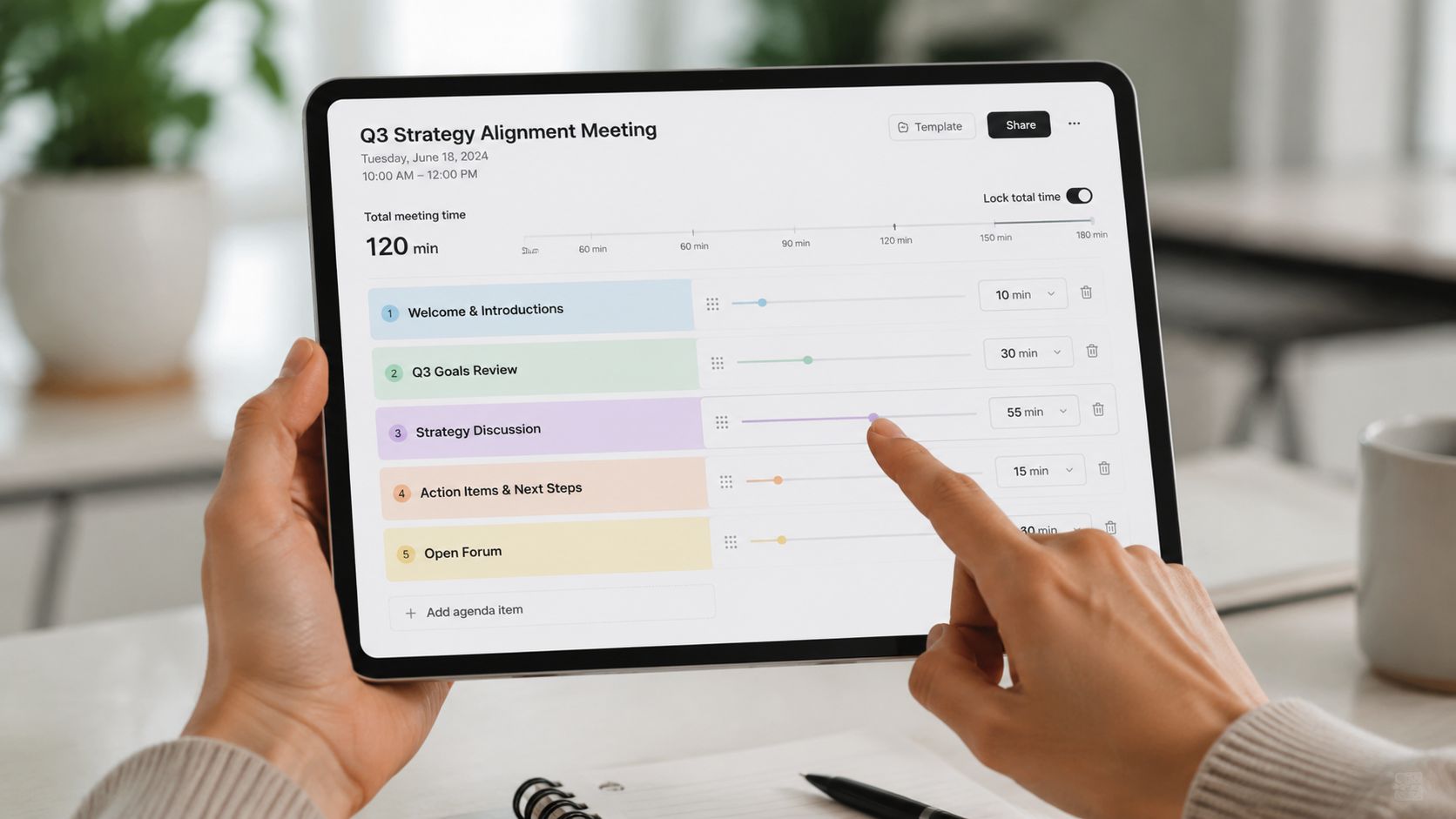 A person using a tablet to plan a Q3 strategy alignment meeting agenda on a digital interface.
