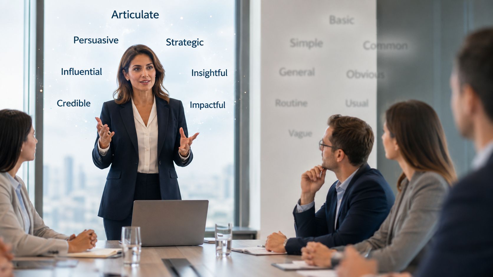 A professional woman presenting to her colleagues in a modern office, surrounded by floating positive descriptors.