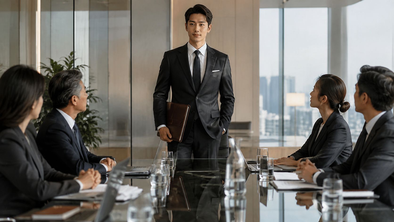 A professional businessman presenting in a modern boardroom meeting with colleagues seated at a glass table.