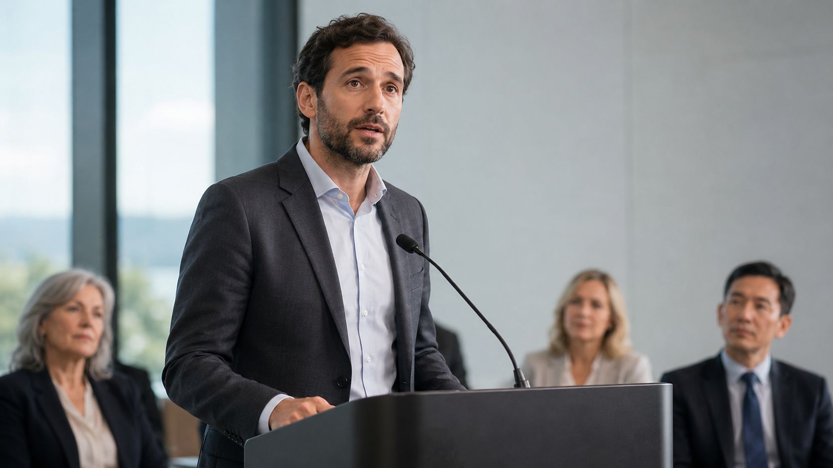 A professional man delivering a speech from a podium during a corporate business conference meeting.