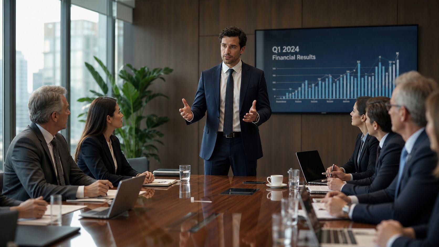 A professional executive presents Q1 2024 financial results to a group of colleagues in a modern boardroom.