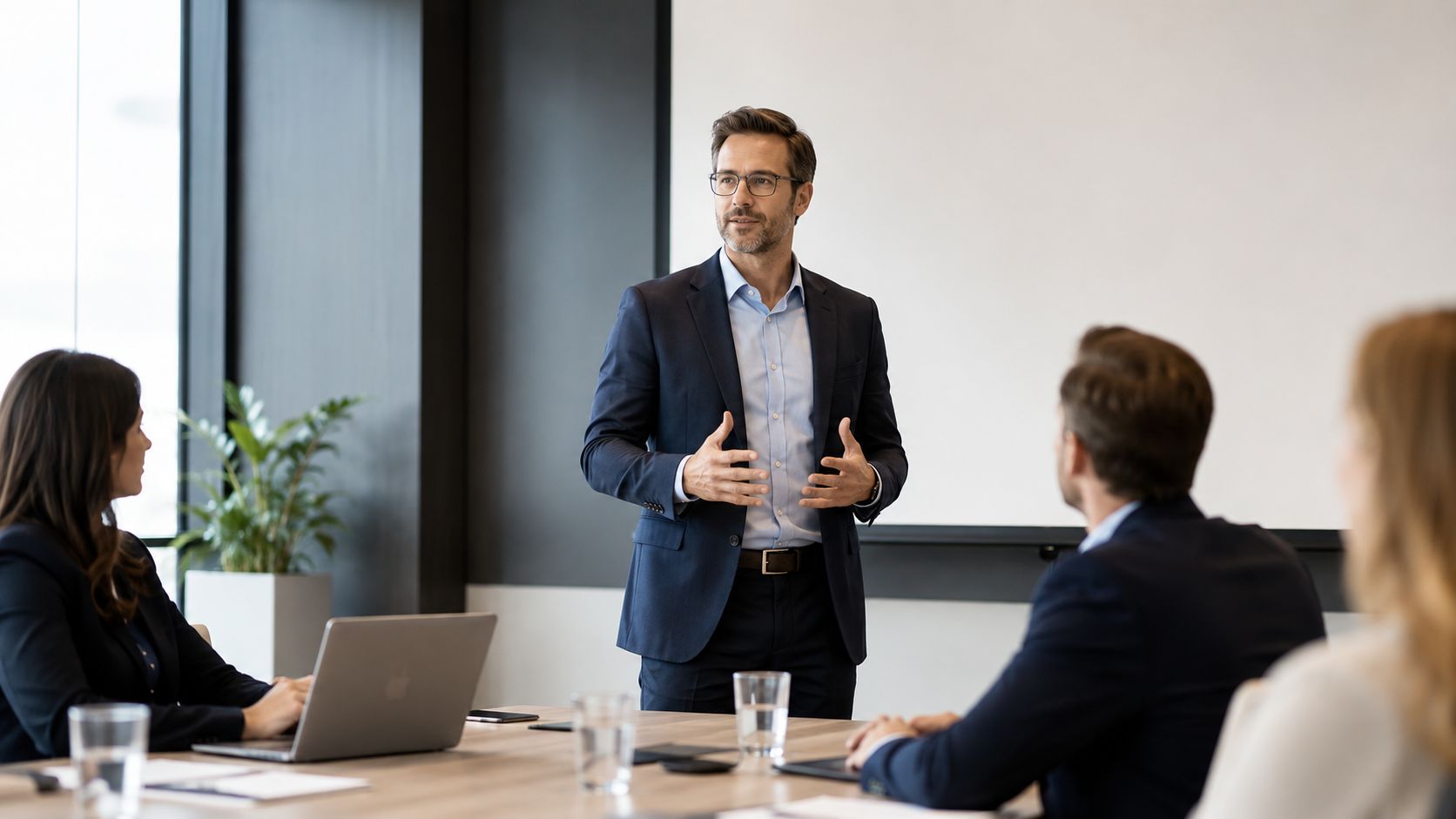 A professional man in a business suit giving a presentation to his colleagues in an office.