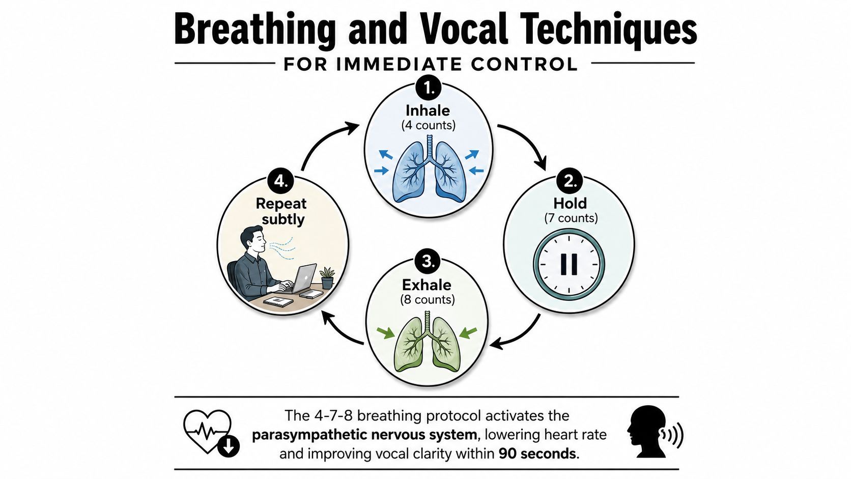 A diagram illustrating the 4-7-8 breathing technique to help manage stress and improve vocal control.