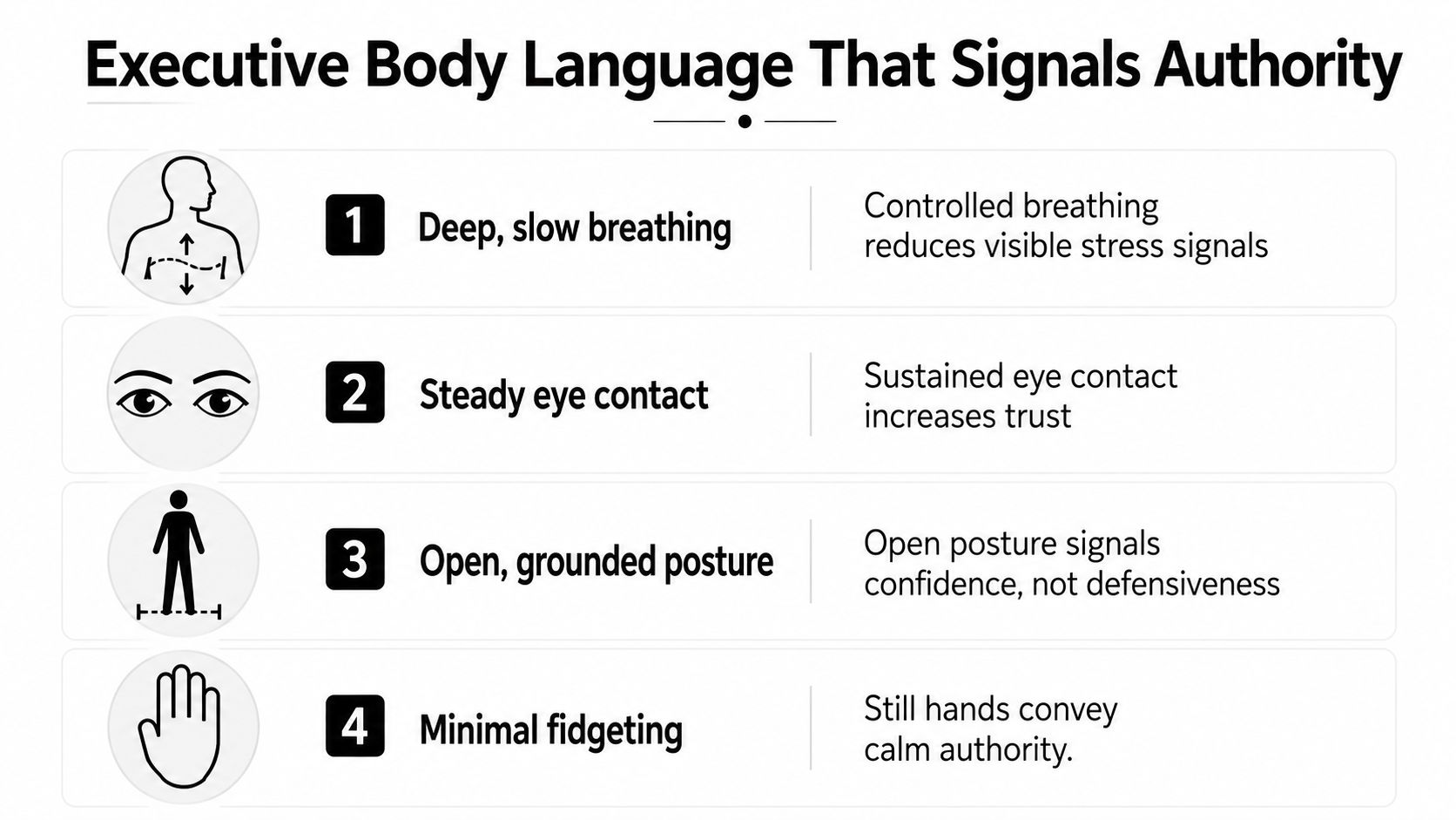 An infographic list outlining four key non-verbal body language habits that communicate executive presence and authority.