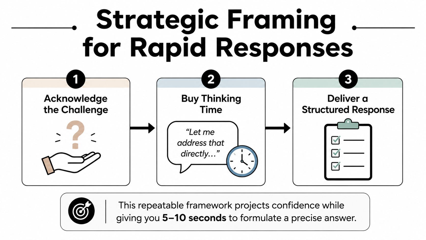 A three-step infographic showing how to use strategic framing to deliver rapid, confident responses under pressure.