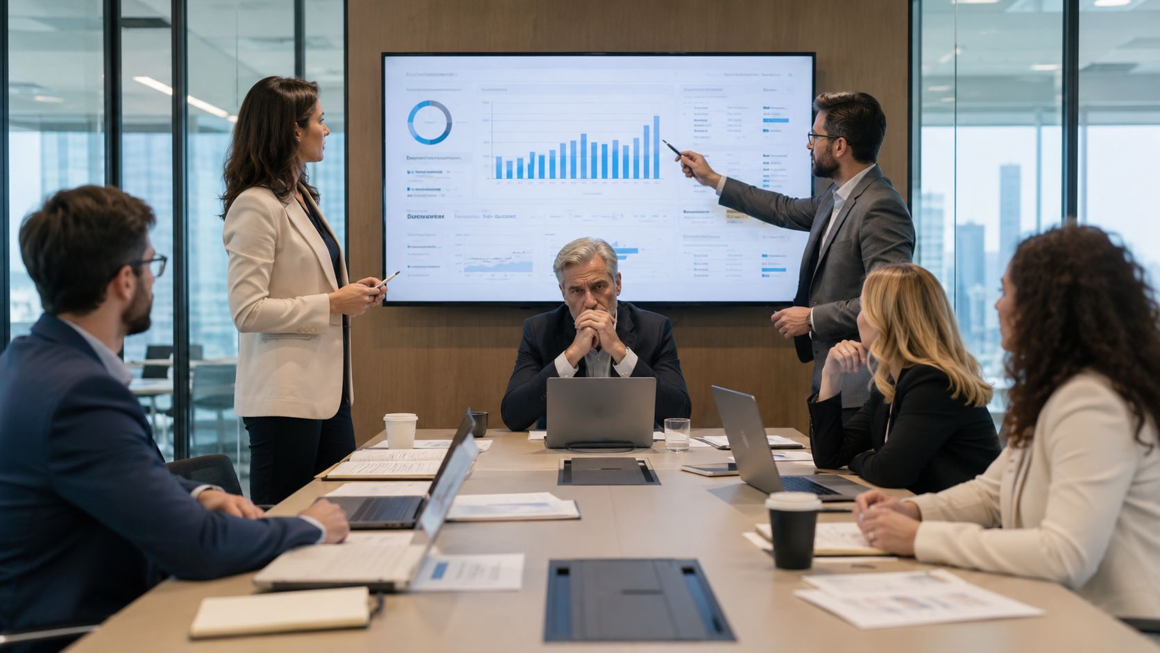 A diverse group of business professionals holds a strategic meeting in a modern office boardroom.