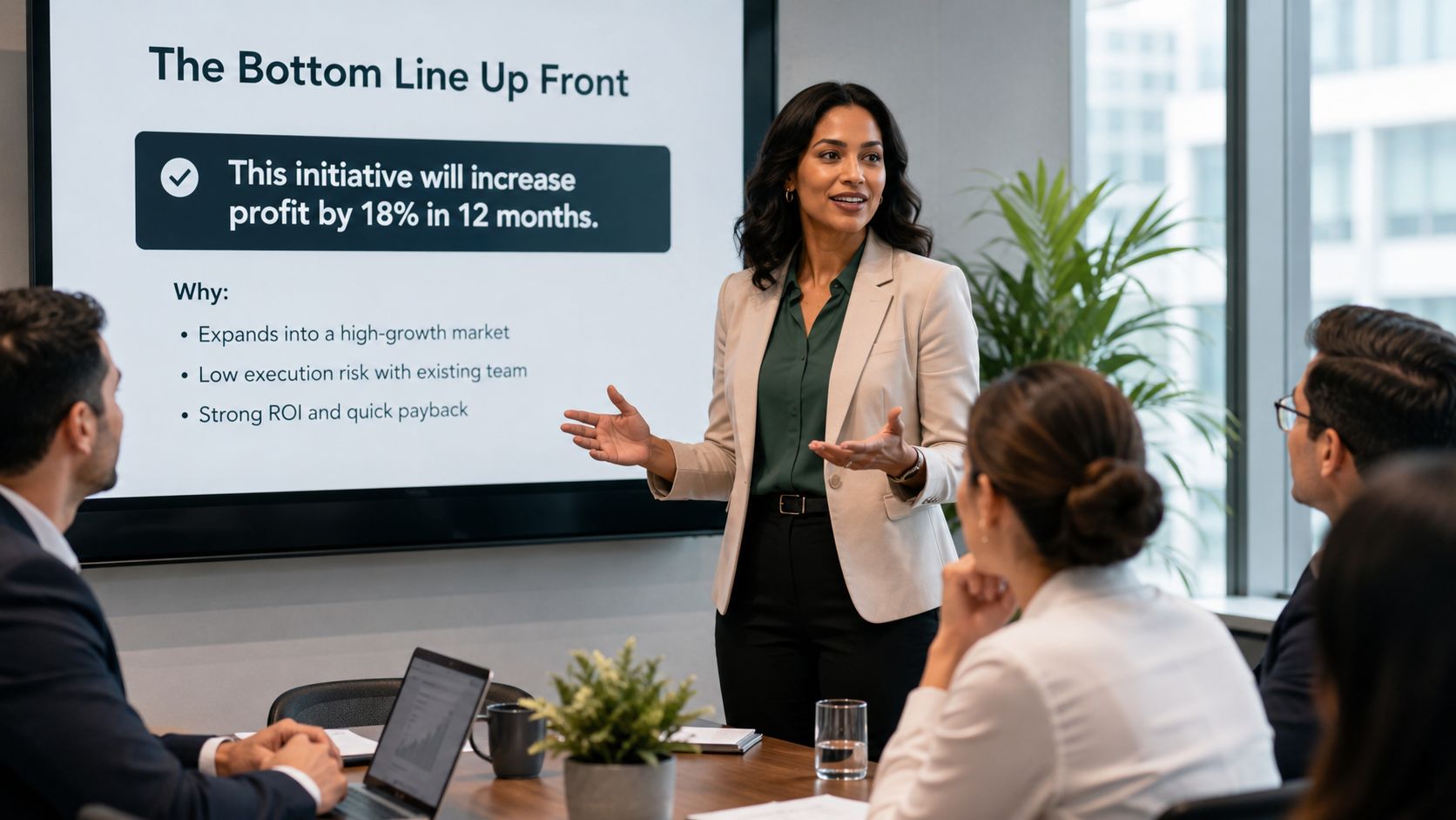 A professional woman presenting a business growth strategy on a digital screen to colleagues in a boardroom.