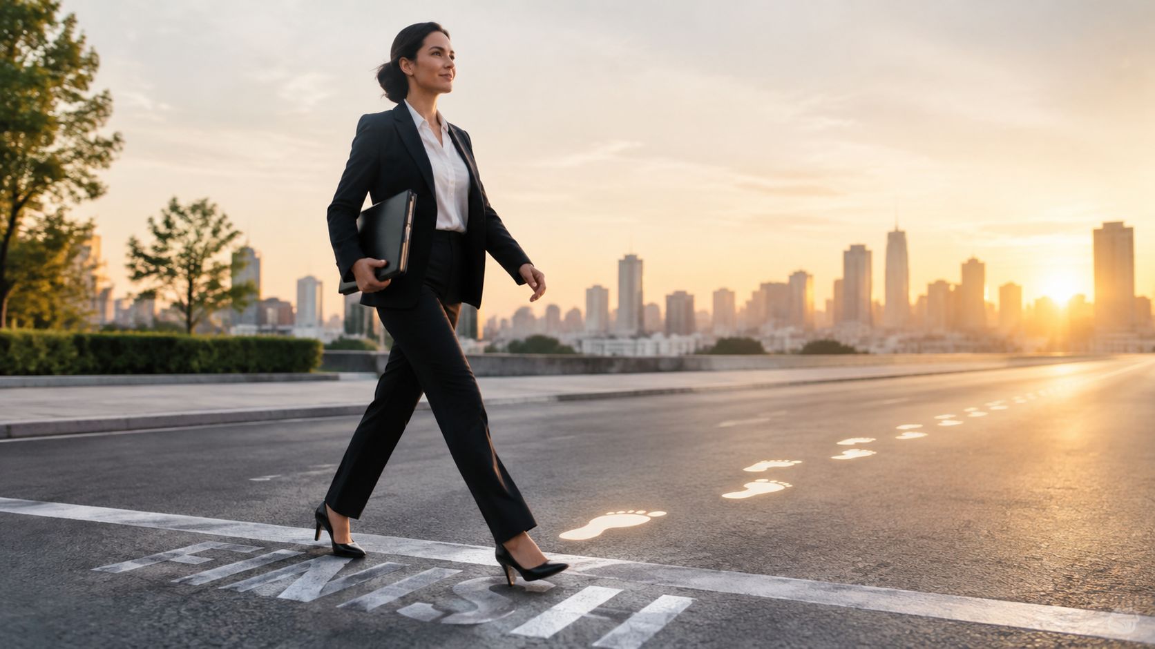 A businesswoman in a suit walks past a finish line on a road with glowing footprints.
