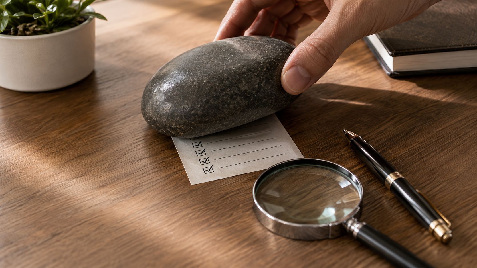 A hand holding a stone over a checklist note on a wooden desk with a magnifying glass.