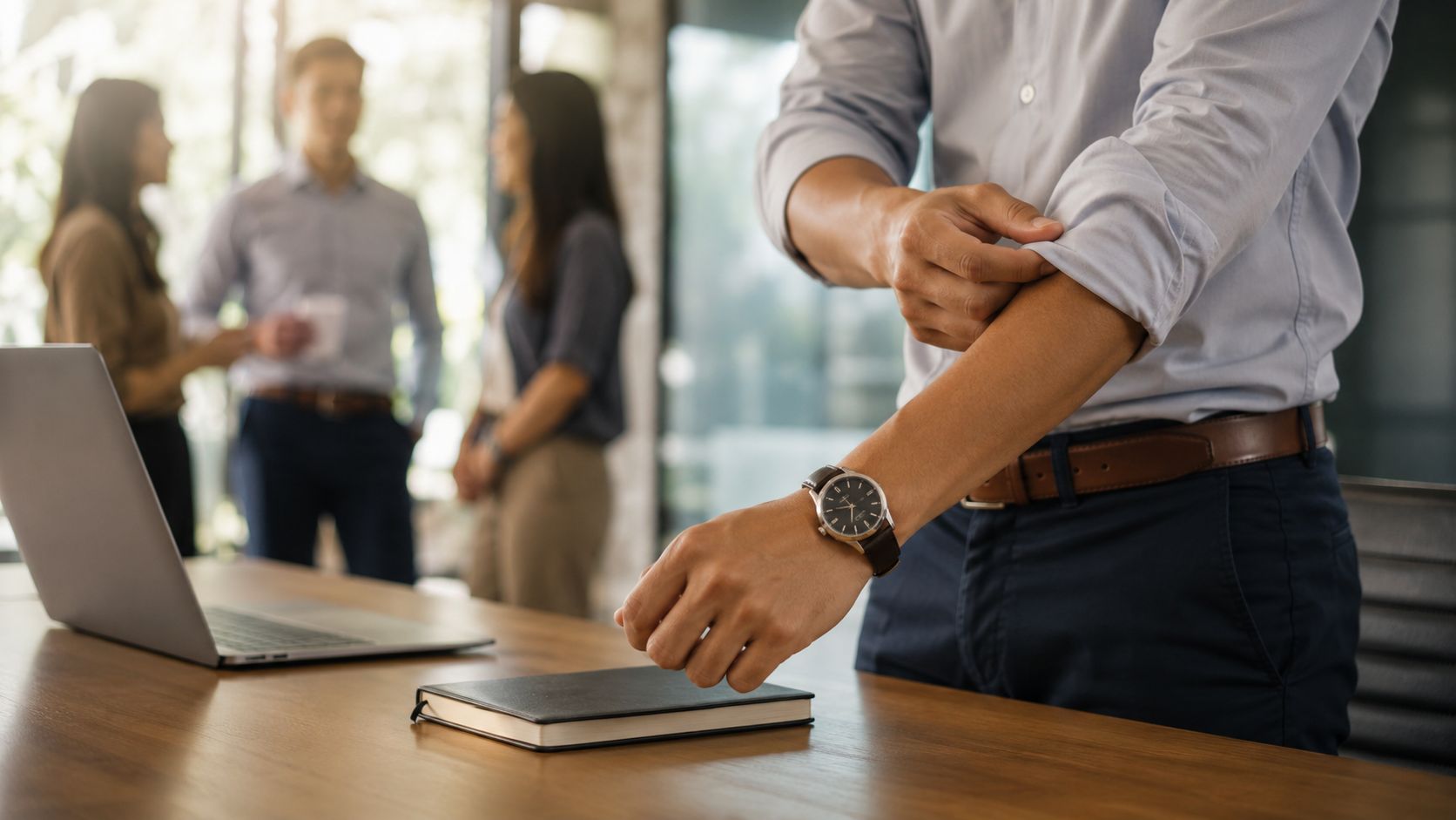 A professional man rolling up his sleeves while preparing for work in a modern office environment.