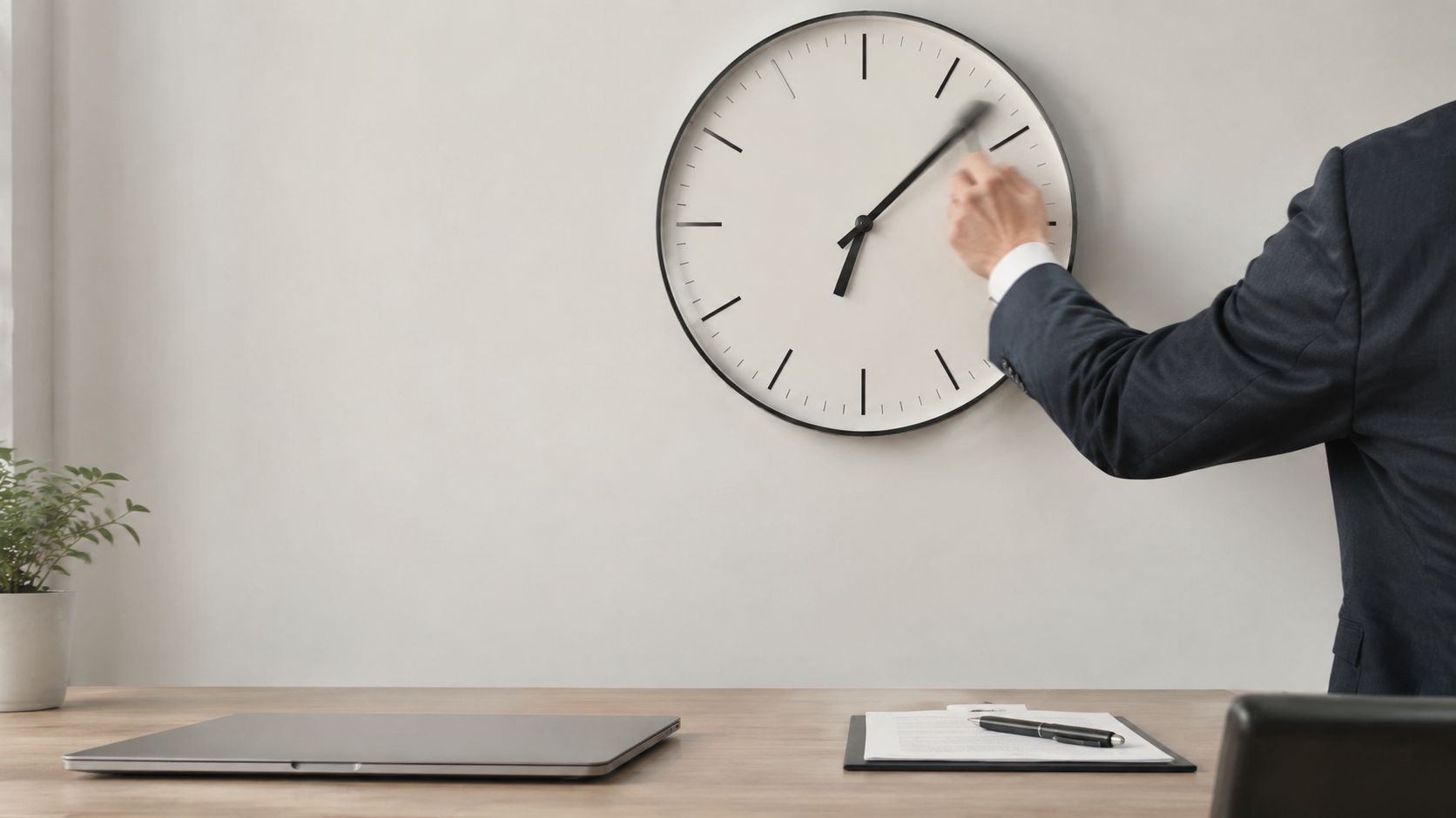 A professional in a business suit adjusts the hands of a large wall clock in an office.