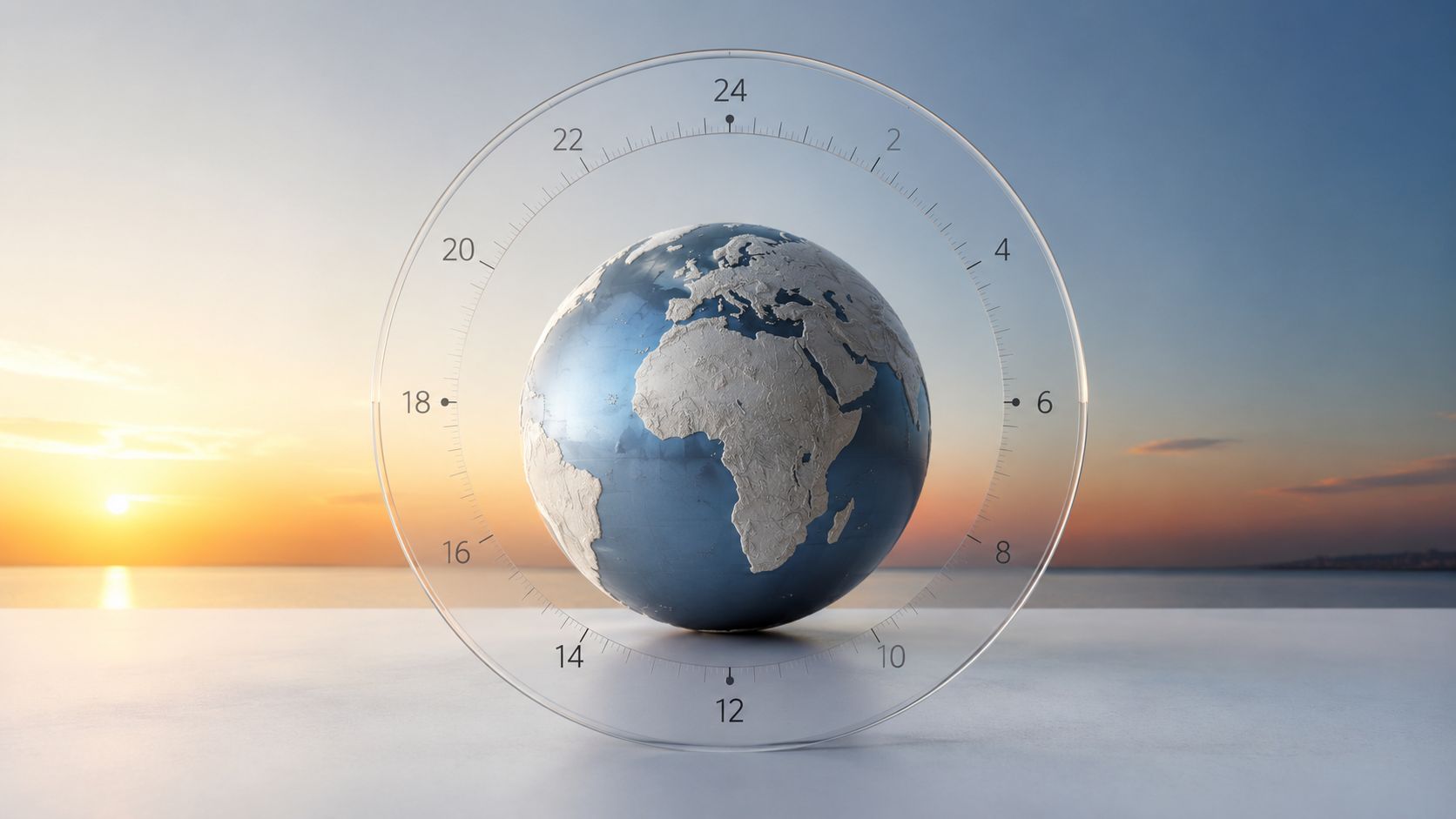 A 3D render of a globe inside a glass clock ring representing time against a sunset background.