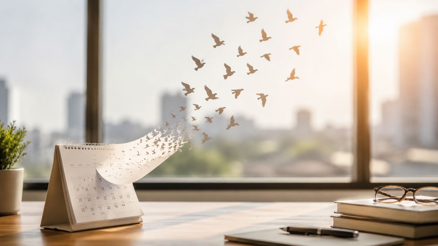 A desk calendar where the pages turn into a flock of flying birds, symbolizing the passage of time.