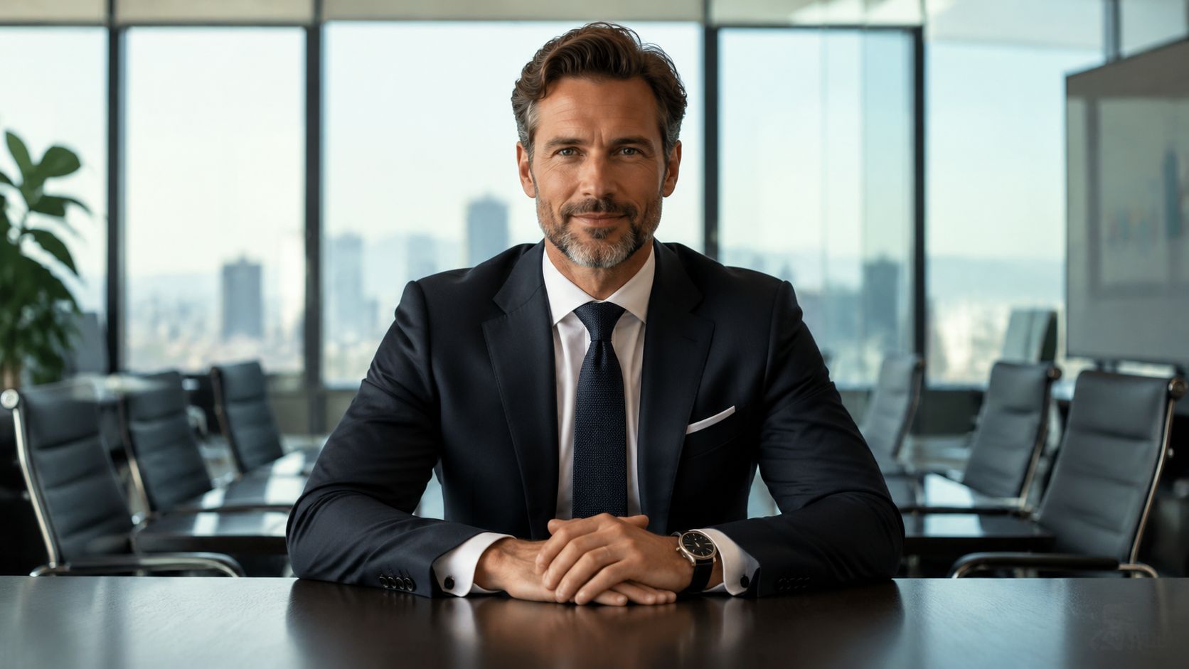 A professional man in a suit sitting at a boardroom table in a bright corporate office.