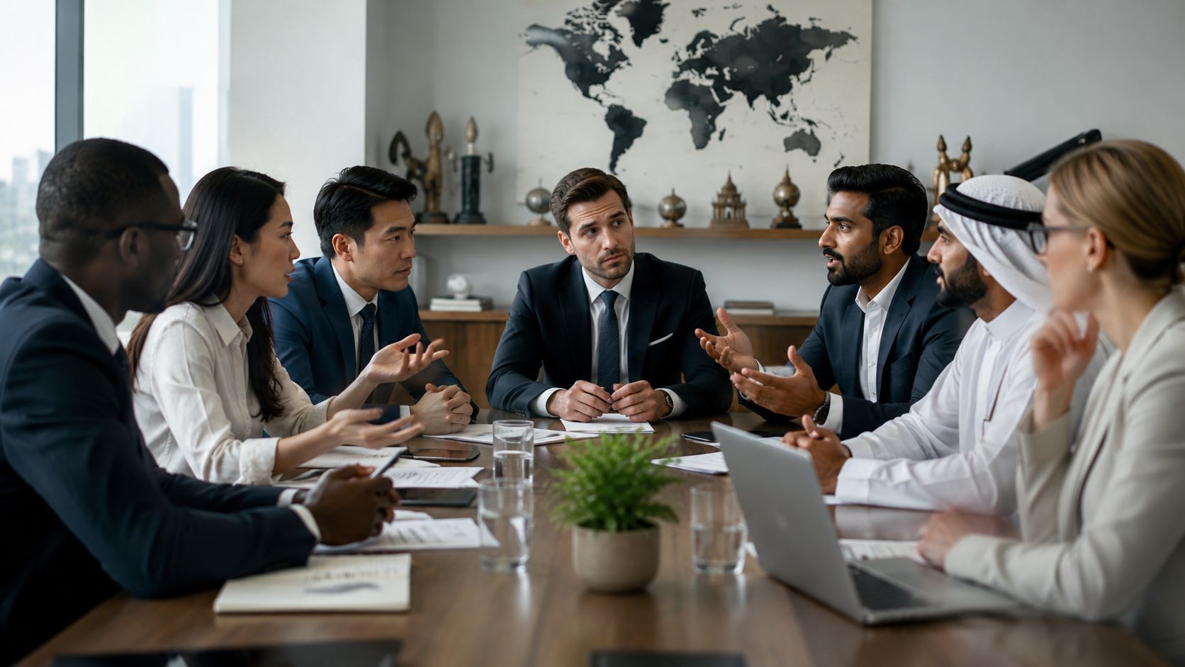 A diverse group of business professionals in formal attire discussing at a wooden conference table in an office.