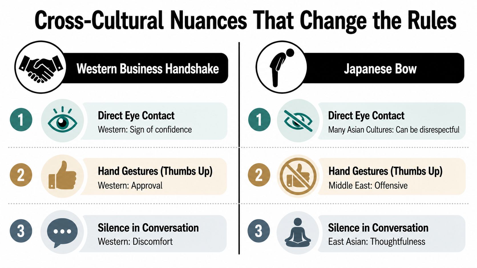 A comparative infographic illustrating cross-cultural differences in nonverbal communication between Western and Asian business customs.