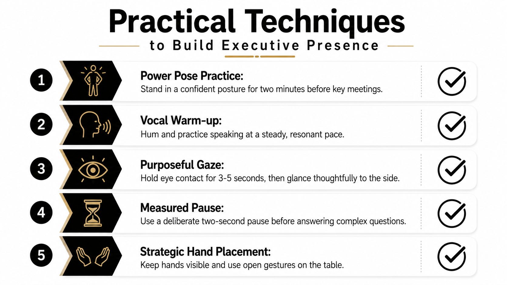 An infographic titled Practical Techniques to Build Executive Presence showing five nonverbal communication tips for professional settings.