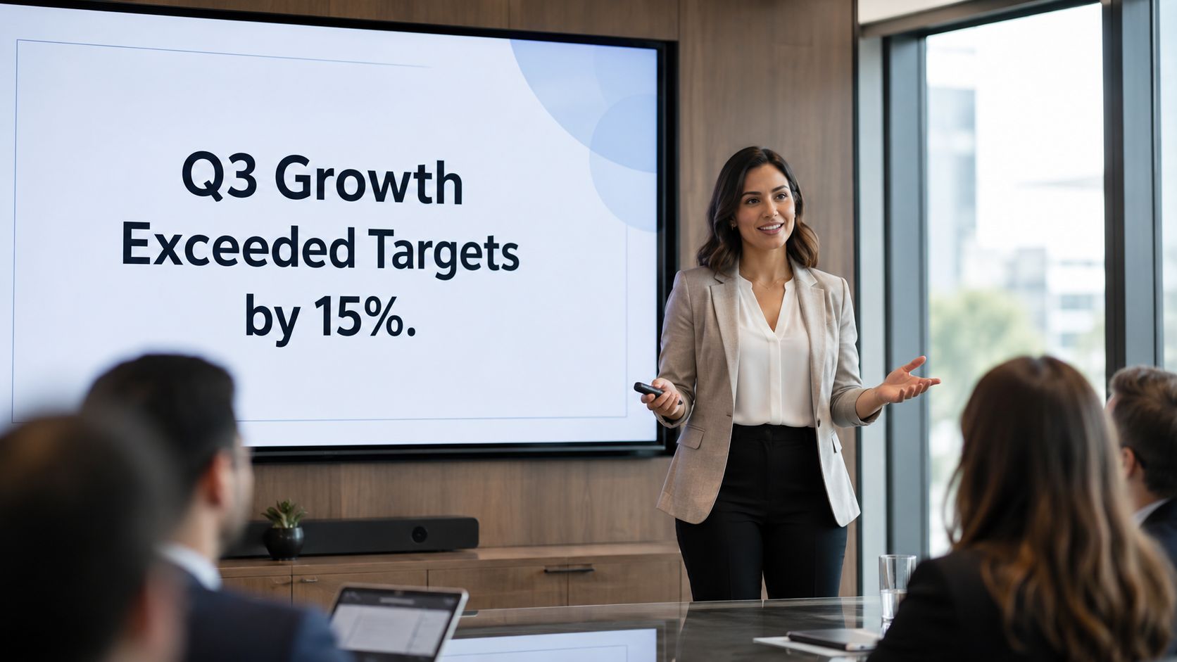 A professional woman presenting business results to colleagues in a modern office meeting room setting.