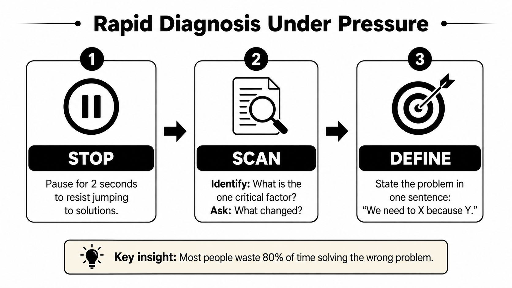 A three-step infographic titled Rapid Diagnosis Under Pressure showing steps to stop, scan, and define problems.