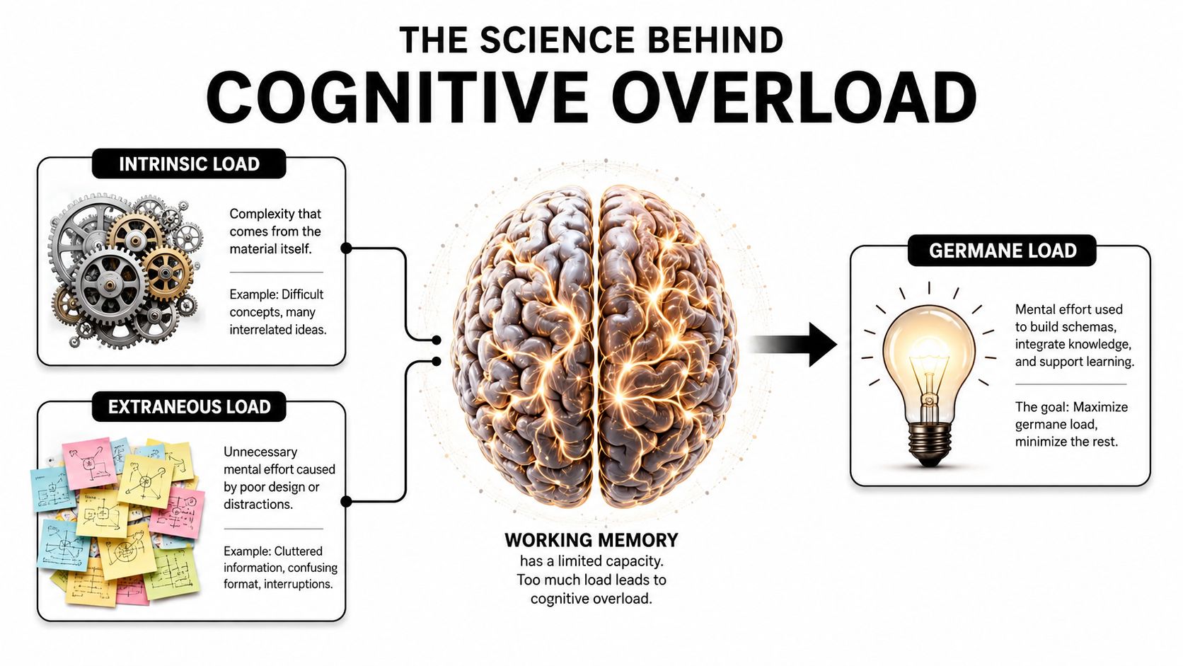 A diagram explaining cognitive load theory with three types: intrinsic, extraneous, and germane load illustrated with icons.