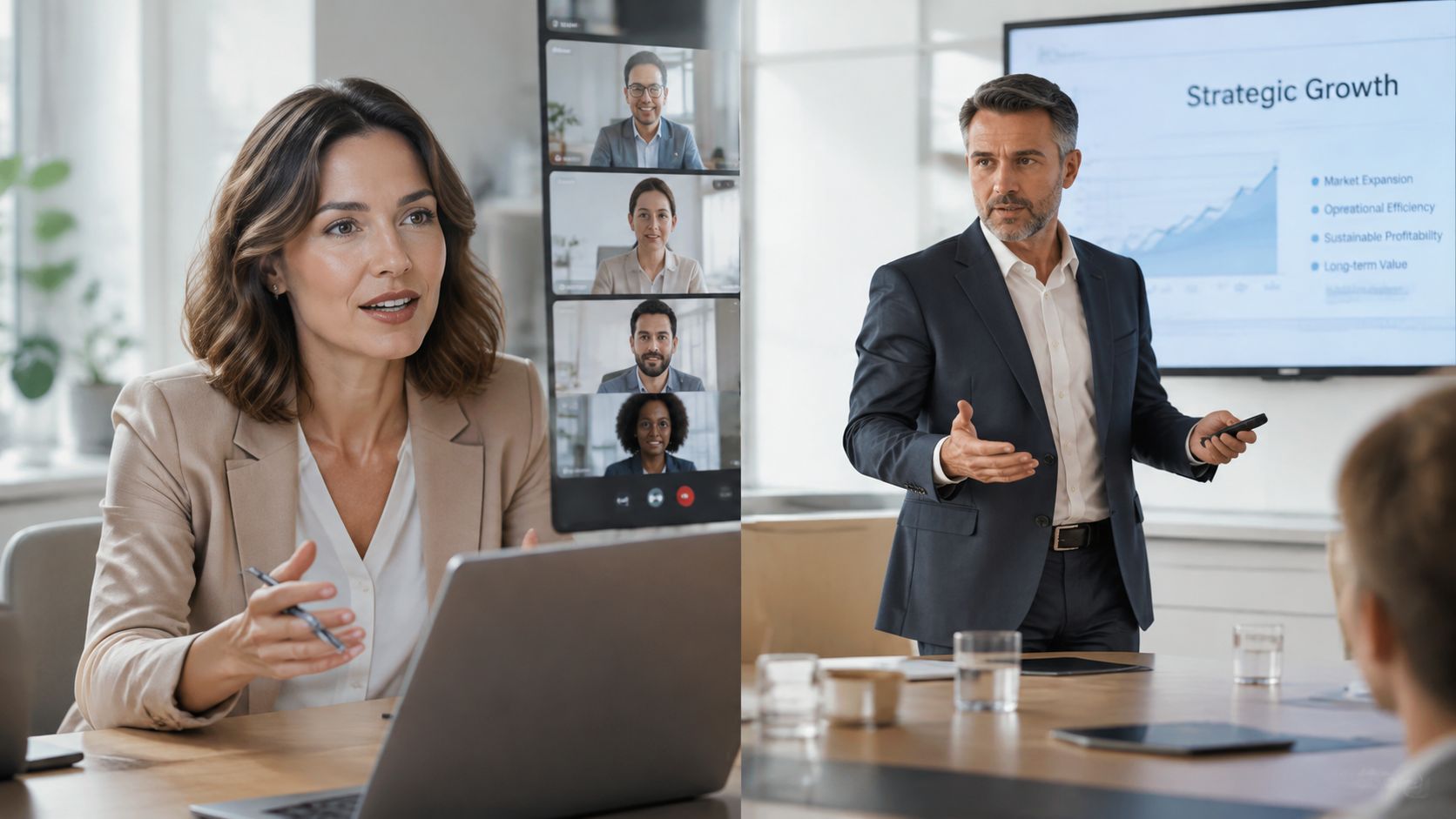 A professional business meeting featuring a woman at a laptop and a man presenting strategic growth.